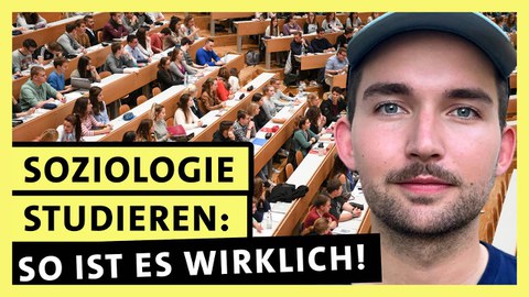 Studierenderder Soziologie vor einem vollen Hörsaal mit dem Text "Soziologie studieren: So ist es wirklich!"
