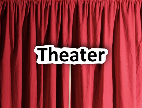 Theaterschild vor rotem Vorhang