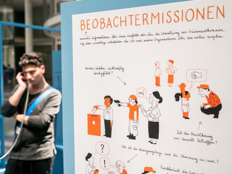 Eine Gruppe geht durch die Ausstellung Frieden Machen