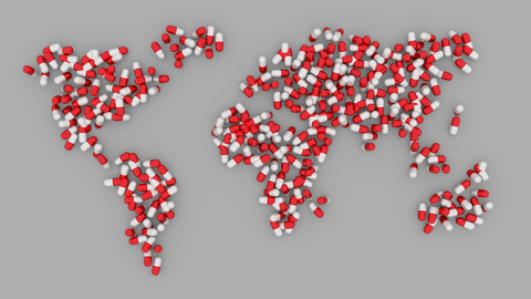 World map with pills