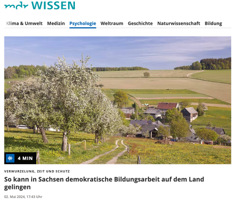 Ein Screenshot des Artikels über die Studie zu Demokratischer Bildung im ländlichen Raum auf der Homepage von MDR Wissen.