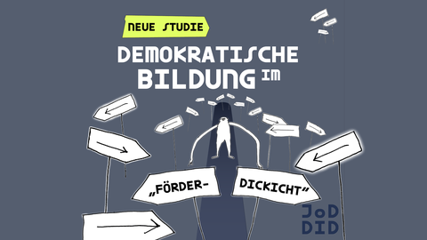 Bild mit Überschrift: Demokratische Bildung im Förderdickicht. Darunter orientierungslose Zeichenfigur mit langen Armen in einem Schilderwald. Die Schilder zeigen in unterschiedliche Richtungen.