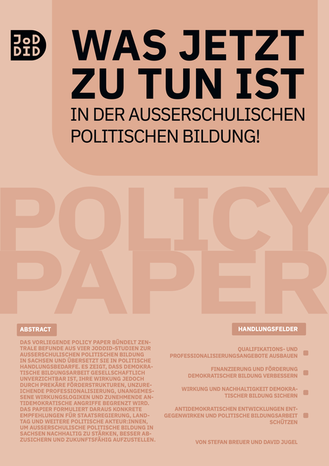 Frontseite des Policy Paper "Was jetzt zu tun ist in der außerschulischen politischen Bildung!"