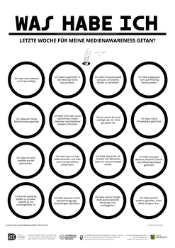 Das Bild zeigt das Plakat "Was habe ich für meine Medienawareness getan?". Es besteht aus einer Überschrift und darunter sind 16 Kreise angeordnet, welche verschiedene Verhaltensweisen der eigenen Mediennutzung anzeigen. 