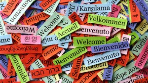 Das Foto zeigt viele kleine bunte Papierzettel. Auf ihnen steht das Wort "Willkommen" in verschiedenen Sprachen.