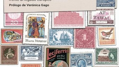 Buchcover des spanischsprachigen Buches von Nikita Dhawan ¿Rescatar la ilustración? Las teorías críticas de la descolonización frente al legado europeo. Im Hintergrund sind collagenförmig angeordnete Briefmarken zu sehen. Oben links Name und Titel.