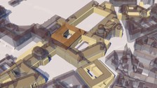 Die Wiener Hofburg mit dem Schweizerhof im Zustand von 1850 aus der Vogelperspektive.