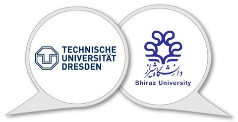 Sprechblasen mit je dem Logo der TU Dresden und der Shiraz University