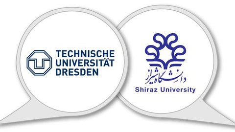 Sprechblasen mit je dem Logo der TU Dresden und der Shiraz University