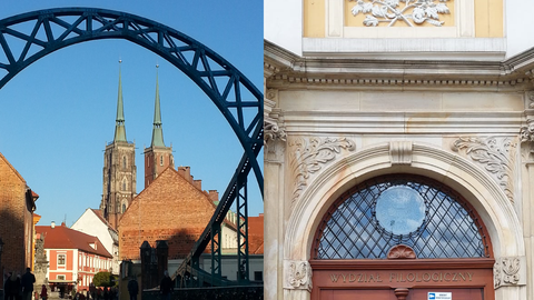 Zwei Bilder aus Breslau: links Blick durch einen Brückenbogen auf die Kirche, rechts das EIngangstor der Philologischen Fakultät. 