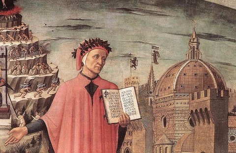 Dante zwischen dem Läuterungsberg und der Stadt Florenz, zeigt das Incipit Nel mezzo del cammin di nostra vita in einem Detail von Domenico di Michelinos Gemälde, Florenz, 1465