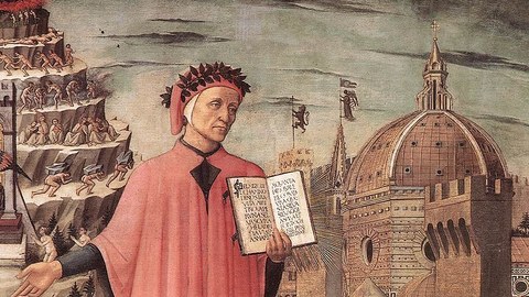 Dante zwischen dem Läuterungsberg und der Stadt Florenz, zeigt das Incipit Nel mezzo del cammin di nostra vita in einem Detail von Domenico di Michelinos Gemälde, Florenz, 1465
