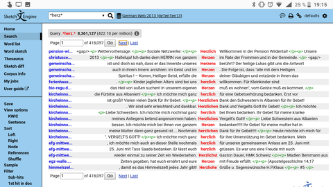 Screenshot von Sketchengine-Oberfläche mit Suchergebnissen zum Thema Herz