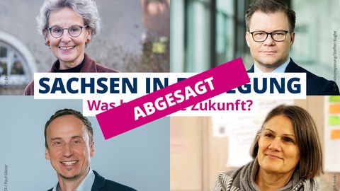 Portraits von Ursula Staudinger, Carsten Schneider, Andreas Otto, und Kirstin Zinke. Darüber der Text "Sachsen in Bewegung - Was bringt die Zukunft?" 