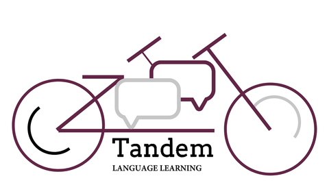 Grafik, stilisiertes Tandem, darauf zwei Sprechblasen. Darunter "Tandem Language Learning"