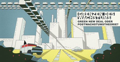 Zeichnung einer futuritischen Großstadt mit einem SUV im Vordergrund und fliegenden Kisten