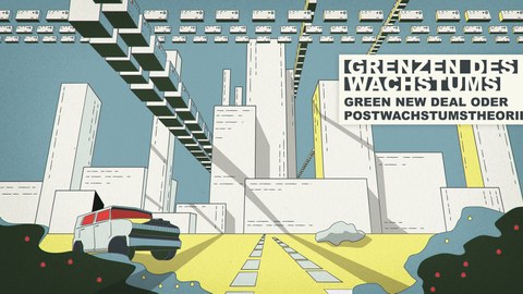 Zeichnung einer futuritischen Großstadt mit einem SUV im Vordergrund und fliegenden Kisten
