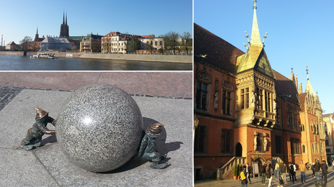 Collage von Bildern aus der Stadt Wroclaw: Rathaus, Panorama am Fluss und zwei Zwerge die eine Kugel schieben.