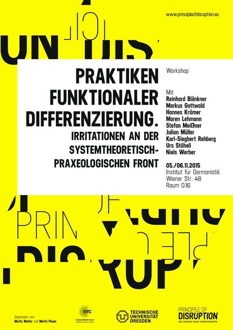 Plakat zum Workshop: "Praktiken funktionaler Differenzierung. Irritationen an der systemtheoretisch-praxeologischen Front“