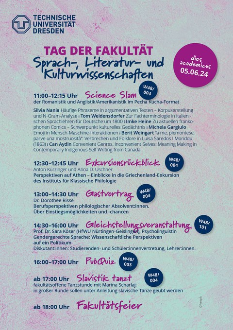Plakat zum Fakultätstag SLK mit Programm vor einer pink/türkis strukturierten Wand