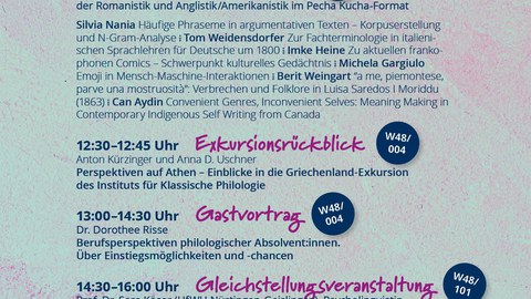 Plakat zum Fakultätstag SLK mit Programm vor einer pink/türkis strukturierten Wand