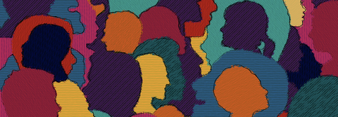 Das Bild zeigt einen Ausschnitt von Stoff mit vielen verschiedenfarbige Silhouetten von Käpfen.