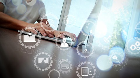Photo: A man is sitting at a table at the laptop. In the foreground are symbols that stand for technology and studies.