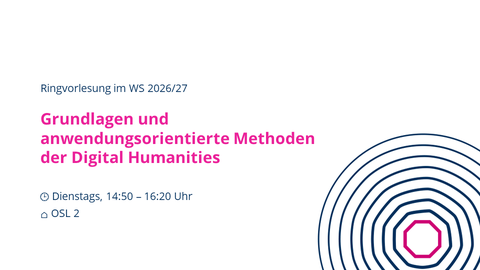 Key Visual des Mastertstudiengang Digital Humanities mit Angaben zu einer Ringvorlesung im Wintersemester 2022/23. Titel: Grundlagen und anwendungsorientiere Methoden der Digital Humanities. Zeit: dienstags, 14:50-16:20 Uhr, Ort: HSZ 0304