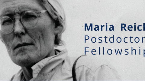 Das Bild zeigt Maria Reiche, daneben steht "Maria Reiche Postdoctoral Fellowships" geschrieben