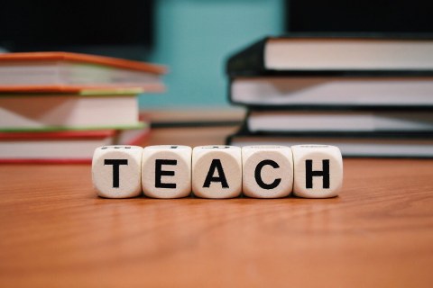 Das Bild zeigt fünf Würfel mit Buchstaben, die das Wort teach bilden. Im Hintergrund sind Bücher zu sehen.