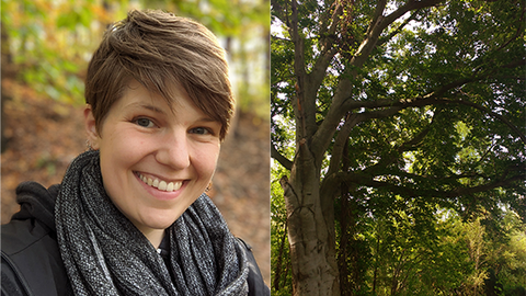 Dr. Solvejg Nitze ist im Portrait zu sehen und im Hintergrund ein herbstlicher Wald sowie rechts ein Foto von einem Baum aus dem Botanischen Garten der TU Dresden