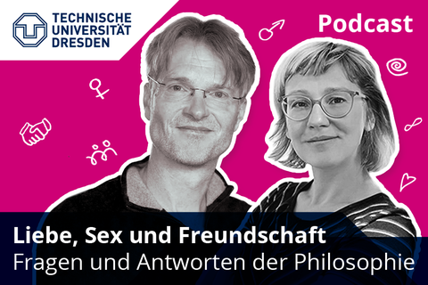 Markus Tiedemann und Katrin Tominski ausgeschnitten auf pinkem Hintergrund mit Symbolen für Sexualität, Liebe und Freundschaft. 