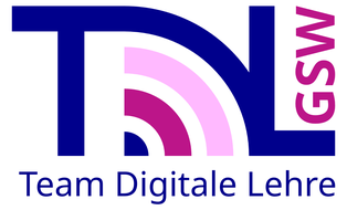 Logo des TDL GSW. Drei in königsblau gehaltene, serifenlose Majuskelbuchstaben, "T", "D" und "L" sind miteinander verbunden. Um 90 Grad gedreht steht in der Ecke "GSW" von unten nach oben. Am unteren Rand "Team Digitale Lehre".