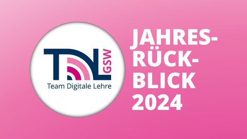 Auf der linken Seite das Logo des TDL GSW auf einem weißen Kreis, auf der rechten Seite der Schriftzug "Jahresrückblick 2024" in Großbuchstaben. Alles auf einem magentafarbenen Hintergrund, der von links oben nach rechts unten dunkler wird.