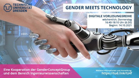 Ankündigung der Ringvorlesung Gender meets Technology, eine menschliche und künstliche Hand begegnen sich