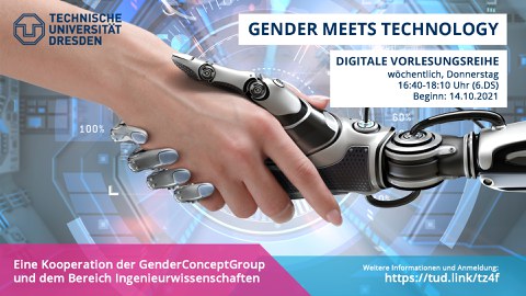 Ankündigung der Ringvorlesung Gender meets Technology, eine menschliche und künstliche Hand begegnen sich