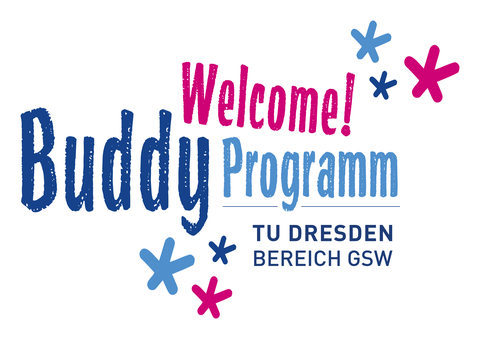 Logo of the Buddy Program. The lettering is magenta and blue.