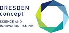 Logo: links der Schriftzug DRESDEN-concept Science andd Innovation Campus, rechts ein mehrfarbiges Achteck