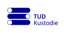 Grafik: drei wagerechte blaue Balken übereinander mit versetzten weißen Kreisen an den Seiten, daneben in Großbuchstaben der Schriftzug "TUD Kustodie"