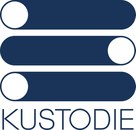 Grafik: drei wagerechte blaue Balken übereinander mit versetzten weißen Kreisen an den Seiten, darunter in Großbuchstaben der Schriftzug "Kustodie"