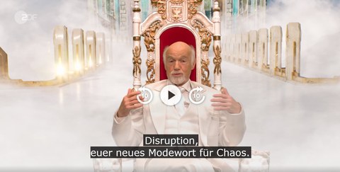 Satirisches Bild: Gott sitzt im Himmel und spricht über Disruption