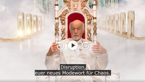 Satirisches Bild: Gott sitzt im Himmel und spricht über Disruption