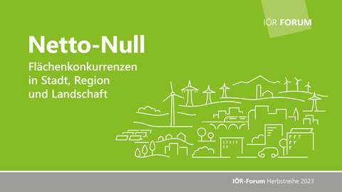 Poster zum Forum mit dem Thema Netto Null. Linienkunst zeigt eine Stadt mit Windenergie