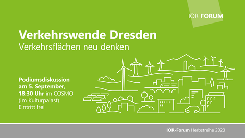 Poster zum Forum mit dem Thema "Verkehrswende Dresden". Linienkunst zeigt eine Stadt mit Windenergie