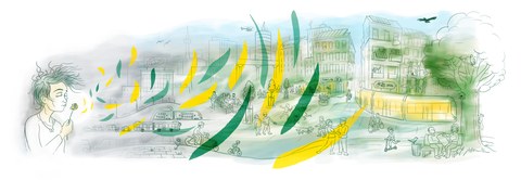 Person bläst Farbe von Blume durch zukünftige Stadt. Die Illustration versucht, ein Bild einer zukünftigen nachhaltigen Stadt zu symbolisieren. 