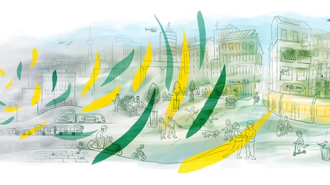 Person bläst Farbe von Blume durch zukünftige Stadt. Die Illustration versucht, ein Bild einer zukünftigen nachhaltigen Stadt zu symbolisieren. 