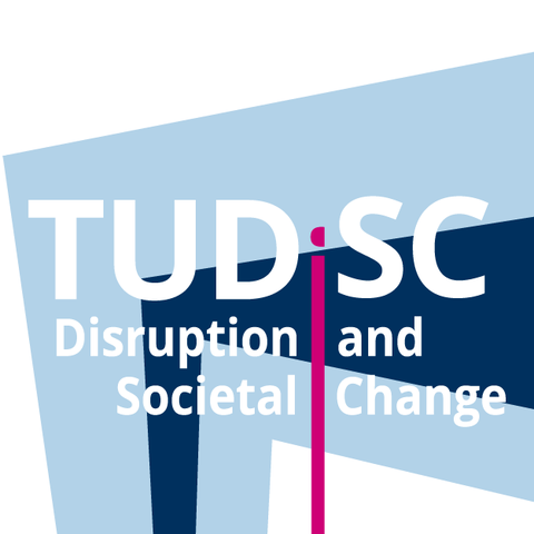 Logo: TUDiSC - im Hintergrund ein hellblauer und ein dunkelblauer Keil. Dazu der Schriftzug: Disruption and Societal Change