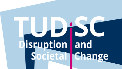 Logo: TUDiSC - im Hintergrund ein hellblauer und ein dunkelblauer Keil. Dazu der Schriftzug: Disruption and Societal Change