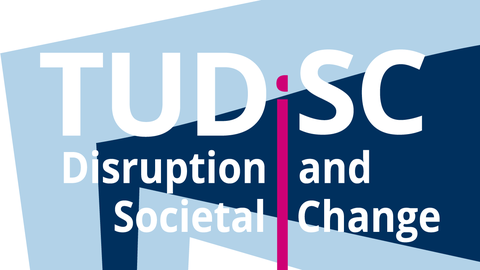 Logo: TUDiSC - im Hintergrund ein hellblauer und ein dunkelblauer Keil. Dazu der Schriftzug: Disruption and Societal Change