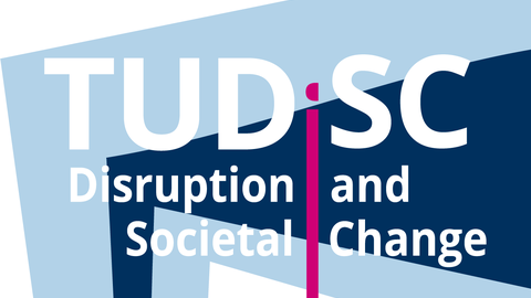 Logo: TUDiSC - im Hintergrund ein hellblauer und ein dunkelblauer Keil. Dazu der Schriftzug: Disruption and Societal Change